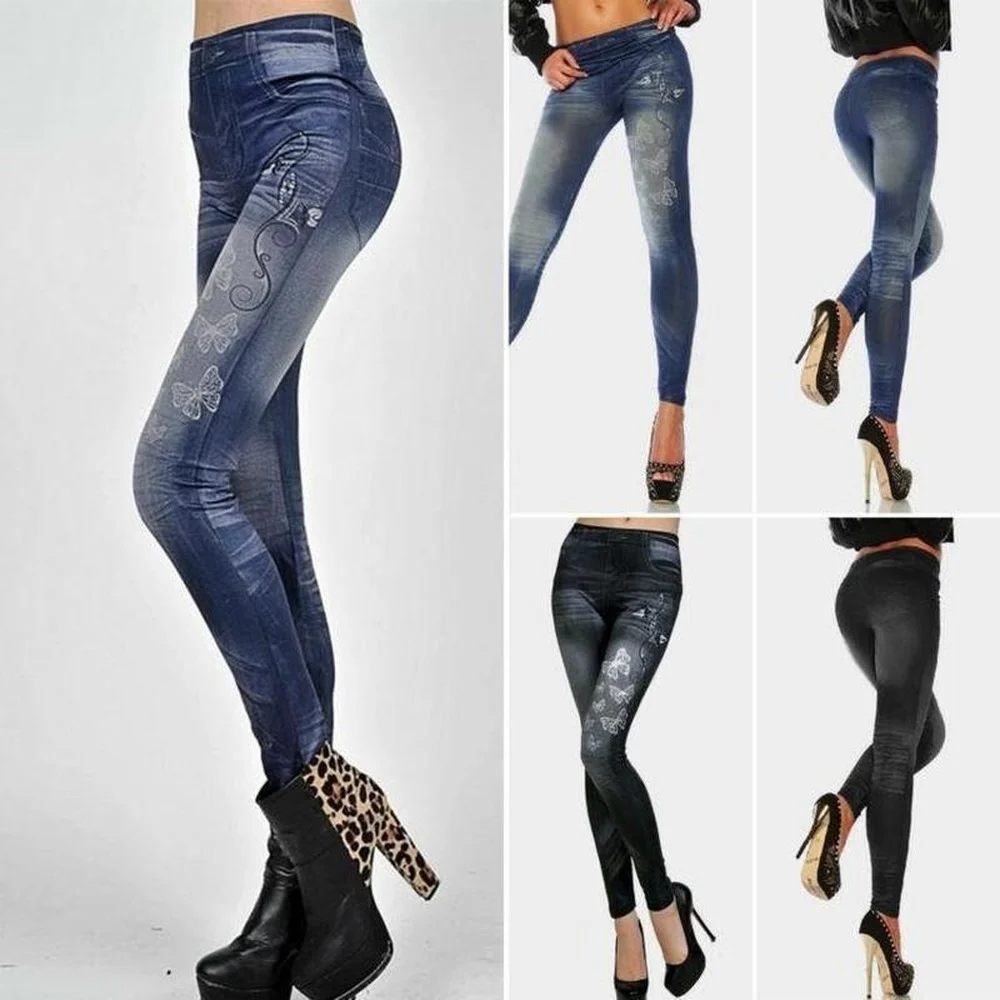 

Ladies Casual Skinny Tight Appliques Sexy Pencil Trousers Butterfly Print High Waist Buttons Soft Fashion Comfortable Long Pants