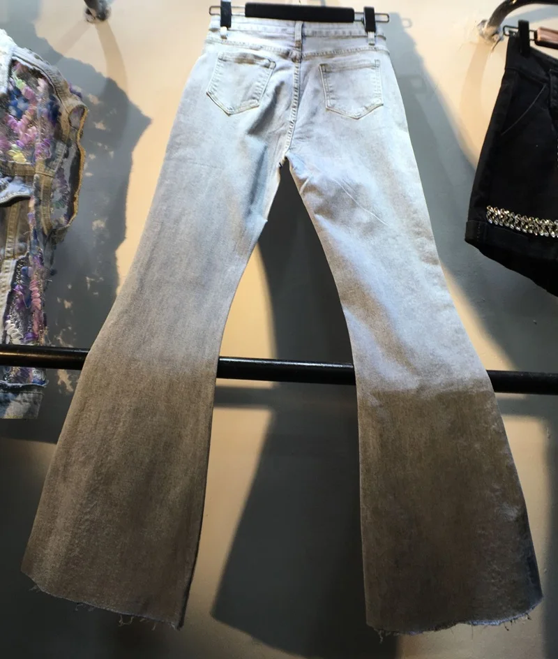 

2021 Spring High Waist Jeans New Heavy Embroidery Hot Drilling Slimming Stretch Cropped Denim Pants Women Flare Trousers