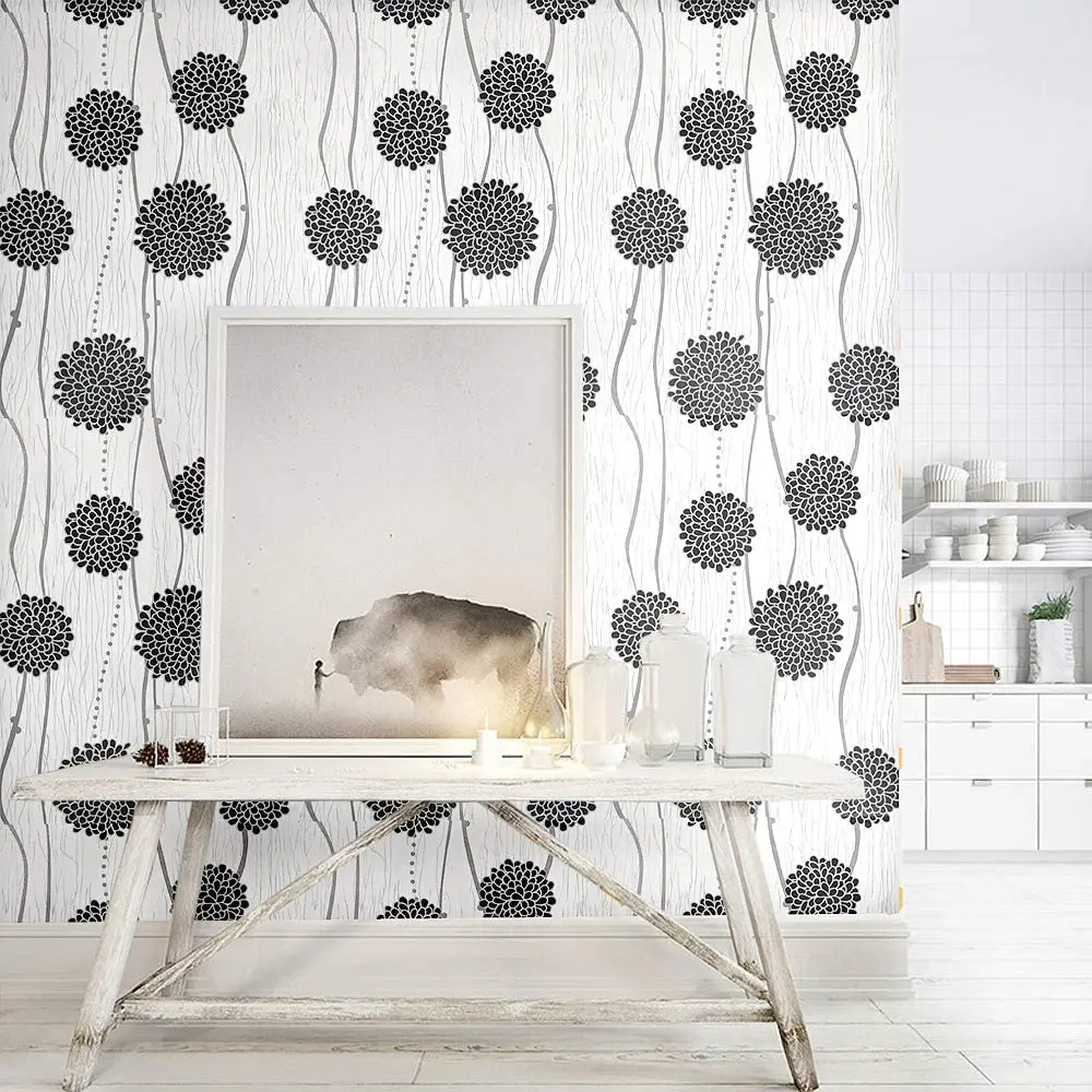 

HomeFurnishing waterproof Peel and Stick Metalic Sliver/Black/White Stripes Floral Wallpaper Wall Decor Vinyl Self Adhesive Co