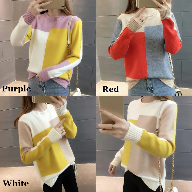 

X 2019 Autumn Winter Korean Contrast Color Sweater Women Long Sleeve Jumper Sweater And Pullover Knitted Sweater pull femme*