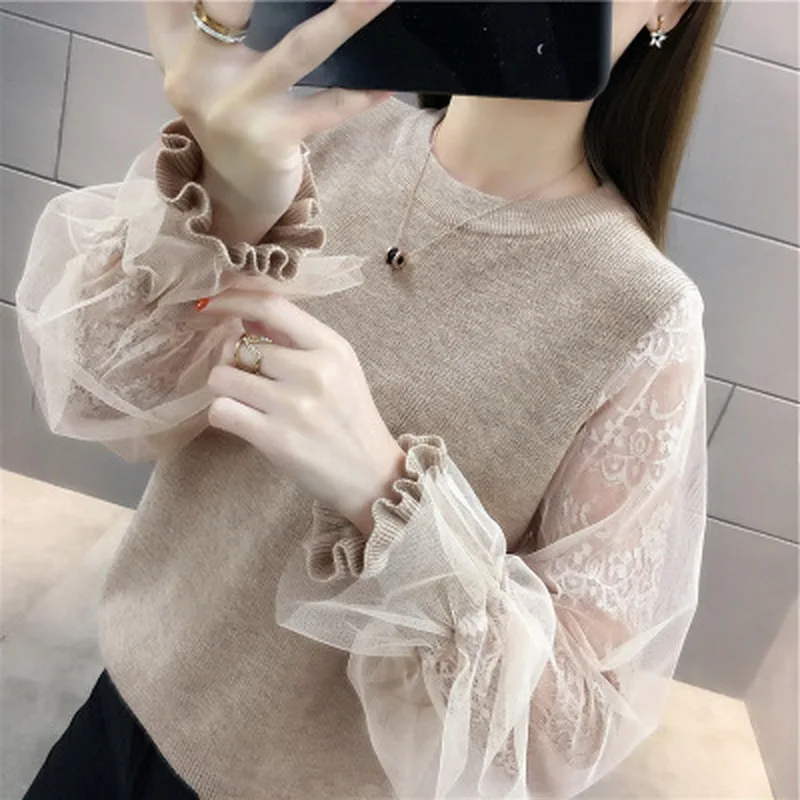 

CN 2021 Korean Fashion Sweater Spring Autumn New O Neck Lace Patchwork Pullover Women Elegant Solid Long Sleeve Sweaters Women