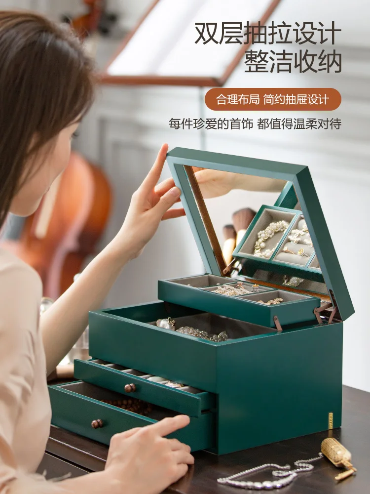 Large-capacity Wooden Jewelry Box Princess European Style Earrings Earrings Ring Watch Jewelry Storage Box Classic Three-color