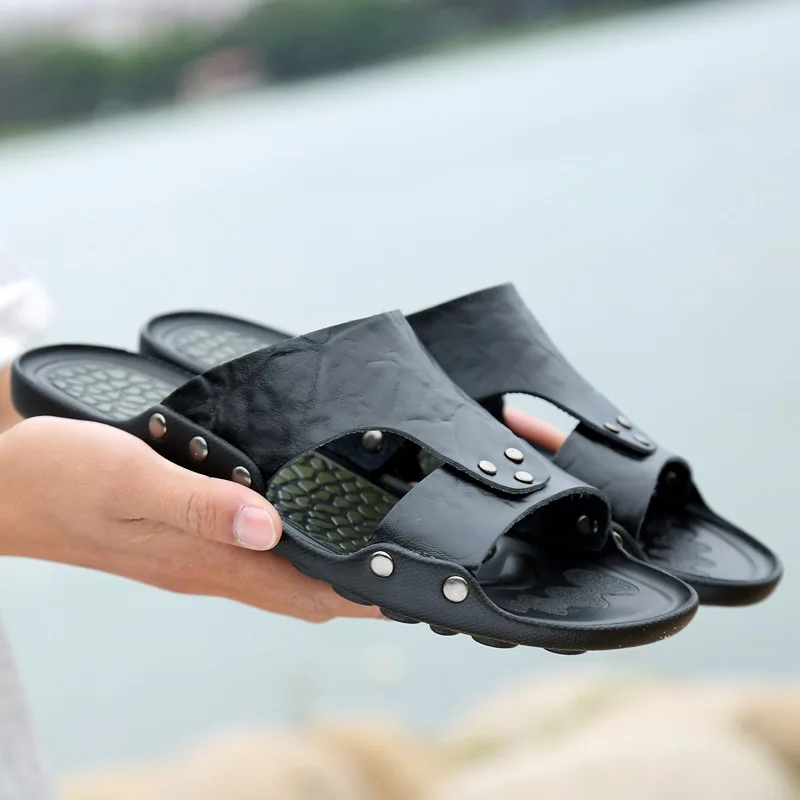 Летние тапочки кожаные мужские крутые шлепанцы большие размеры легкие из
