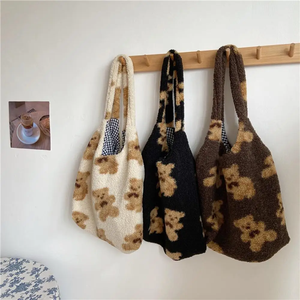 

Cute Bear Print Portable Top-handle Bags For Women Girls Shoulder Bags Cartoon Fleece Totes Large Capacity Shopping Handbags New
