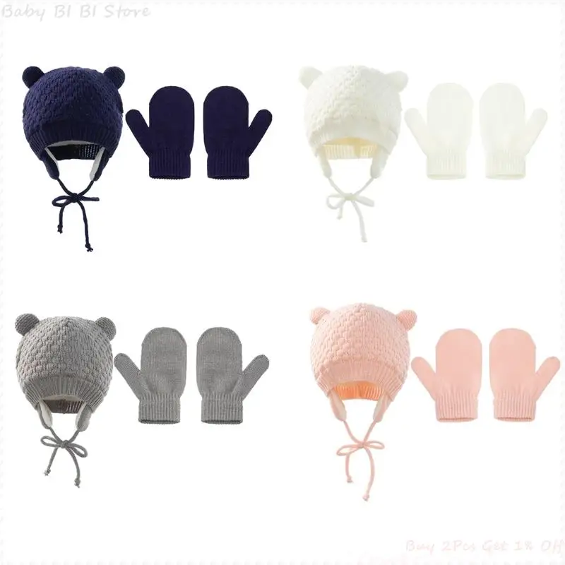 

1 Set Cute Baby Winter Hat Set Thicken Warmer Children Hat Glove Suit Hats for Girls Boys Cotton Knitted Kids for Newborn
