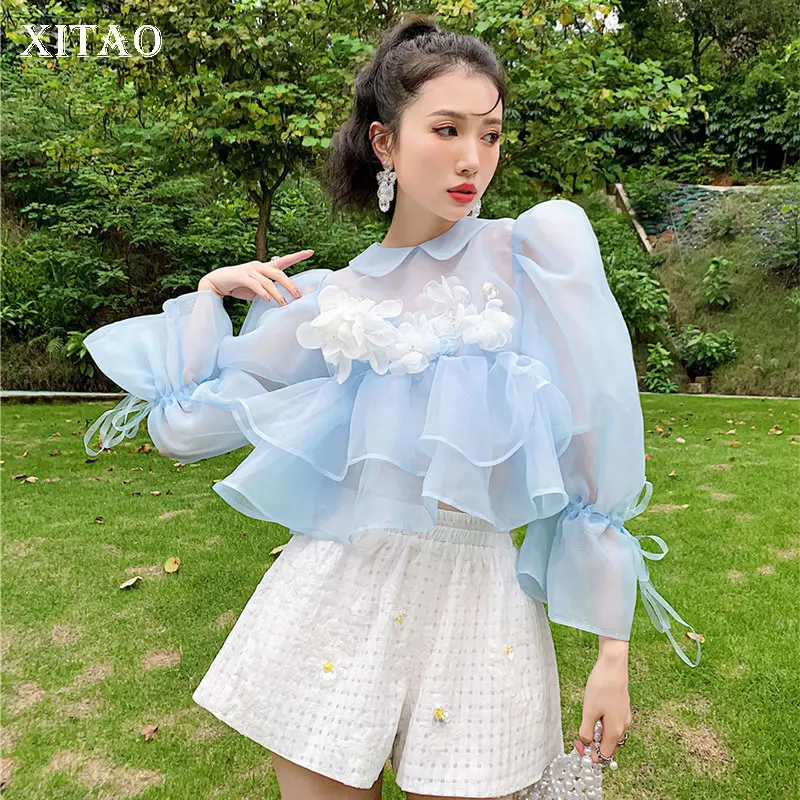 

XITAO, блузка с оборками, модная новинка, женская, тонкая, перспектива, богиня, веер, повседневный стиль, свободная, 2021, летняя рубашка, Тонкий То...