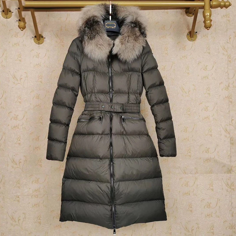 

2021 winter women's down jacket luxury brand real fox fur collar hooded down jacket with elegant belt long slim feather parka