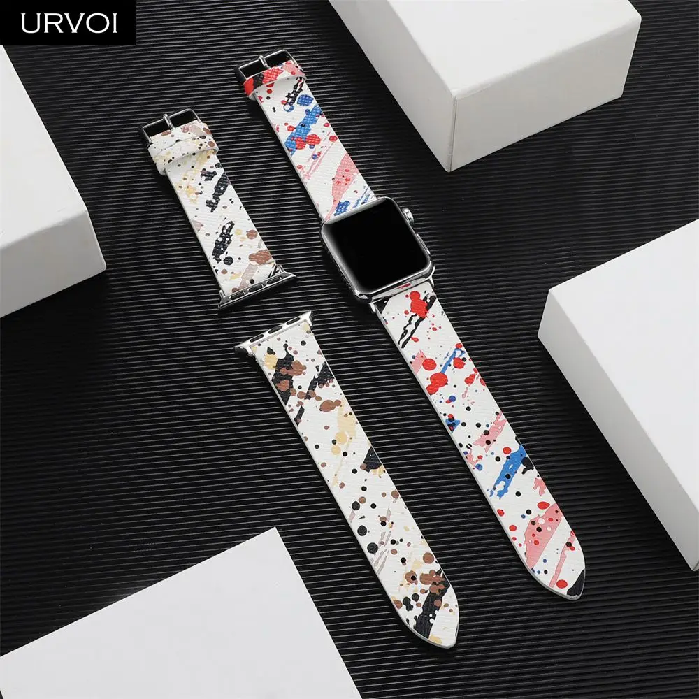 Urvoi Браслет для Apple Watch серии 7 6 SE5 4 3 из микрофибры с рисунком граффити, ремешок iWatch 41 45 мм из искусственной кожи с современным дизайном.