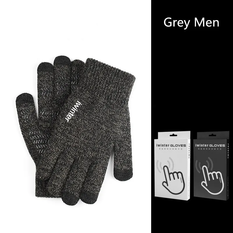Grey Men Fashion Touch Screen Gloves Men Women Winter Warm Knitting Mittens Anti Slip Thicken Full Finger Guantes - Цвет: Grey Men
