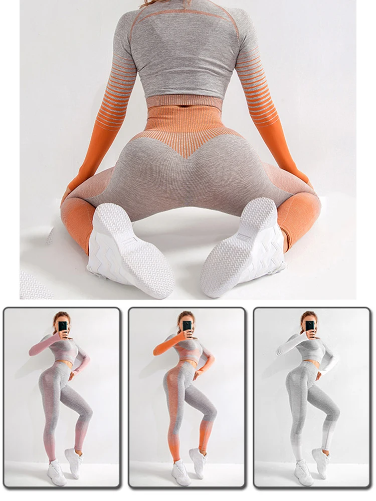 Комплект спортивный женский бесшовный из топа с длинным рукавом и леггинсов