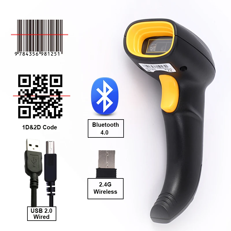 

1D/2D Wireless Barcode Scanner Bluetooth Code Reader QR Bar Code Scanner Support Mobile Phone iPad Handheld Reader POS Inventory