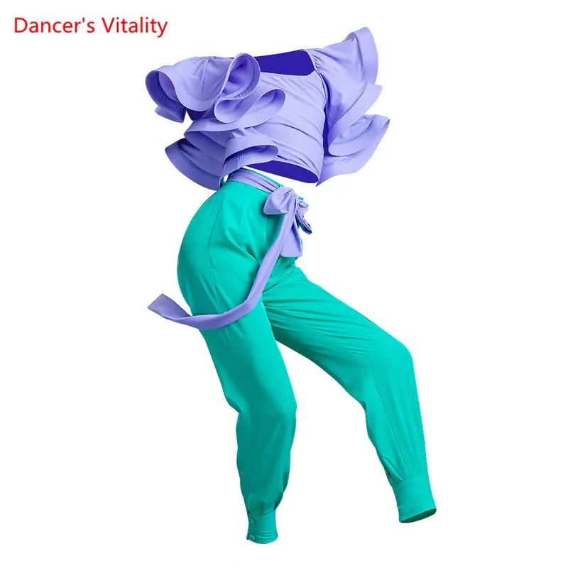 

Latin Dance Set Lotus Sleeve Body Suit Long Pants Practice Clothes Suit Profession Custom Adult Child Performance Clothing