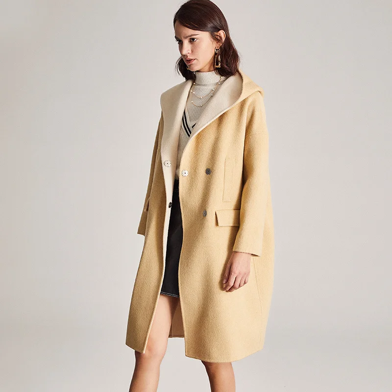

New fashion double-sided tweed coat in autumn and winter 2021 women's hooded medium and long fashion loose tweed coat zero
