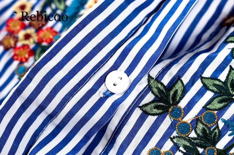 

Women's Floral Embroidered Casual Shirt Autumn Long Sleeve Striped Shirt Top Women's Casual Turn Collar Shirt