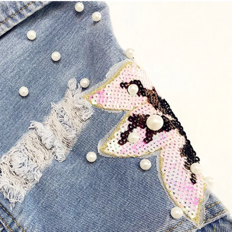

Women denim jacket Slim Ripped Holes streetwear vintage sequin pearl Elegant feminine Denim Jacket ropa de mujer jaqueta