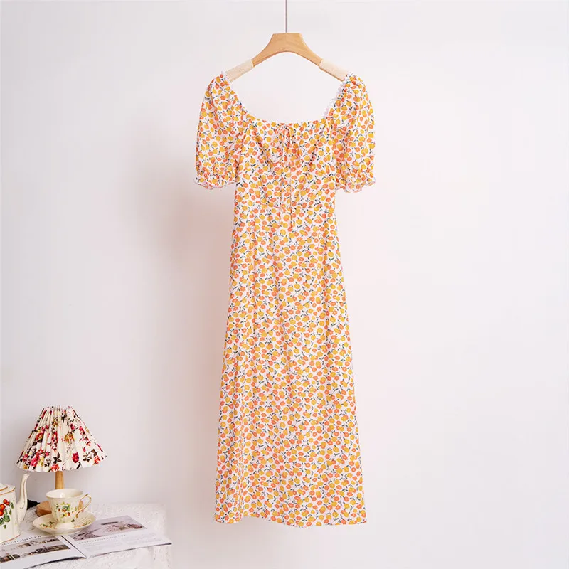 

French Style Prairie Chic Dress Women Summer Puff Short Sleeve Square Collar Blue Orange Print Midi A-line Split Woman Dresses
