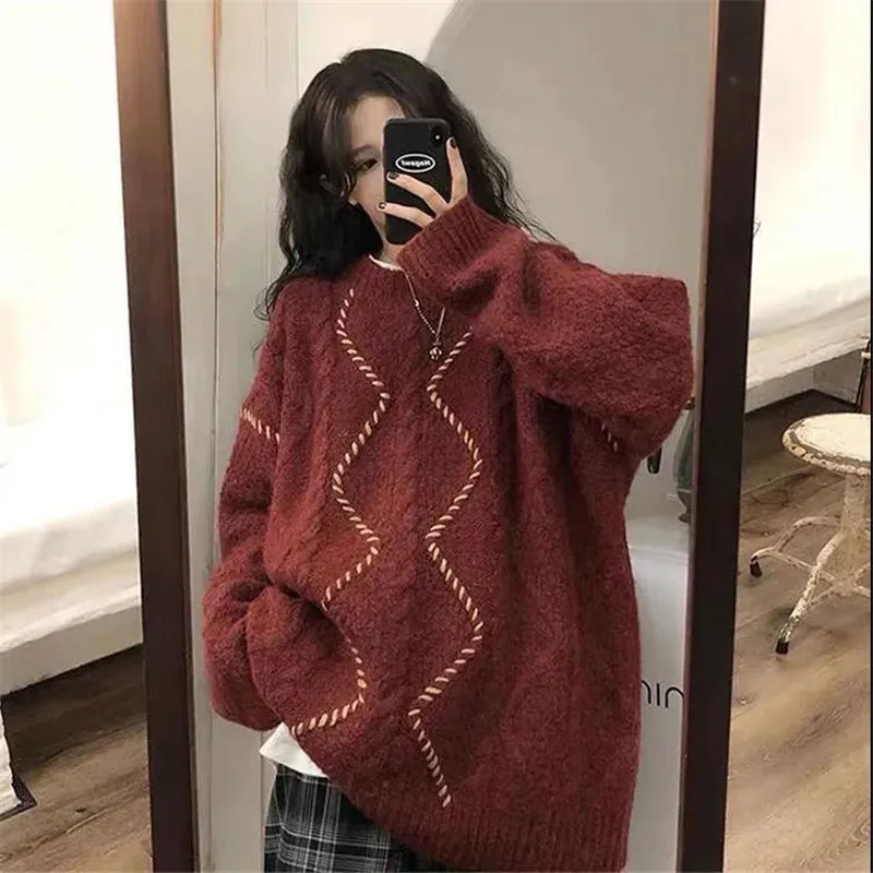 

Christmas Sweater Women Twisted Vintage Chic Burgundy All-match Korean Fashion Oversize Lazy Knitwear Long Sleeve Pullover Outer