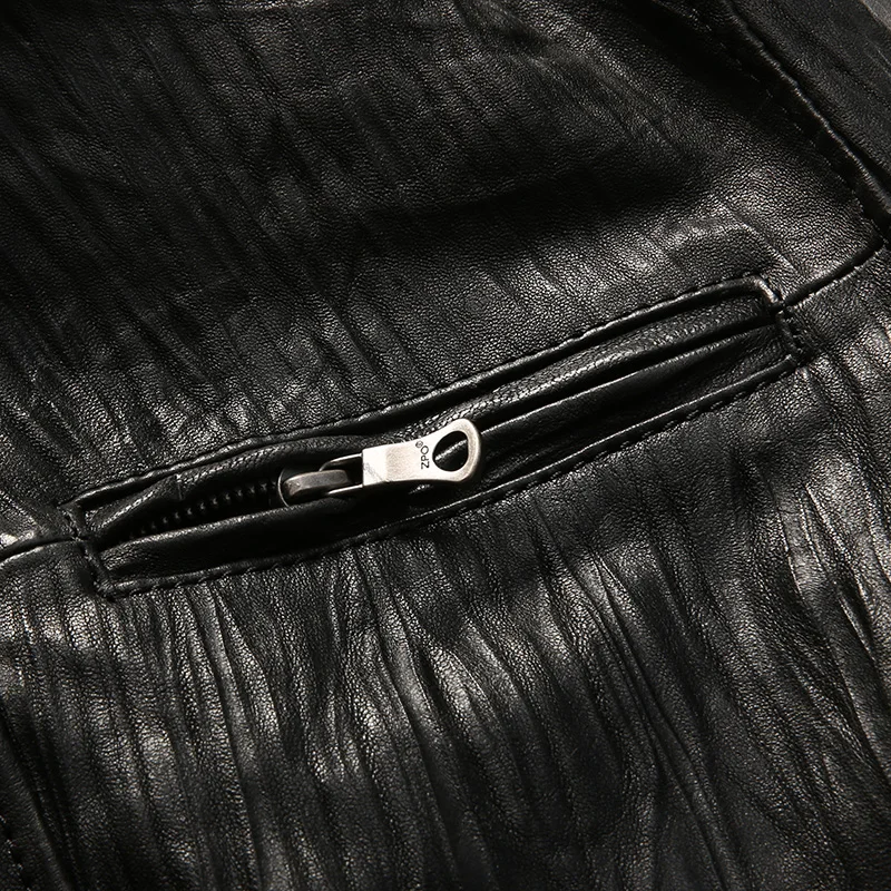 

Men Black Sheepskin Jacket 100% Genuine Leather Wrinkle Motorcycle Biker Jackets for Male Brand Classic Luxury Coats 2021