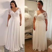 chiffon plus size wedding dress short sleeves a line lace appliques lace up back bridal gowns with beaded lager size robe gown