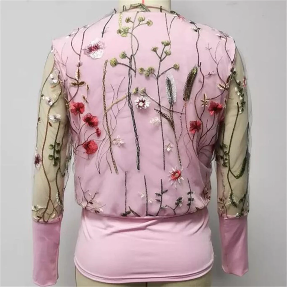 

Spring Explosion Embroidery Embroidered Organza Mesh Stitching LadiesTtransparent Long-sleeved Sweater