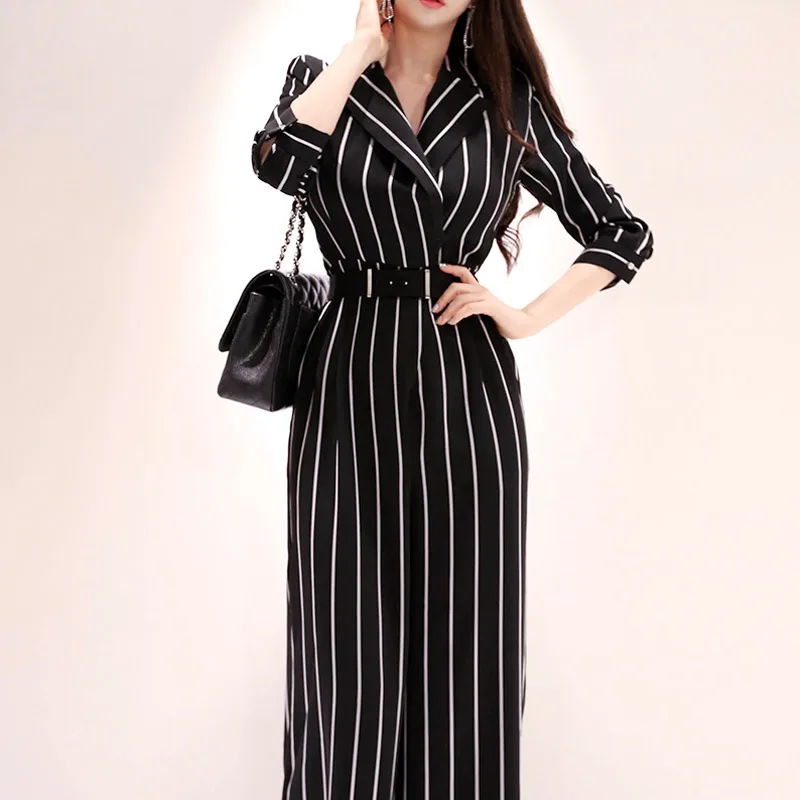 

High waist Elegant Jumpsuit long sleeve notched neck belt 2021 Female Rompers Women Jumpsuits Playsuit Casual stripe Overalls