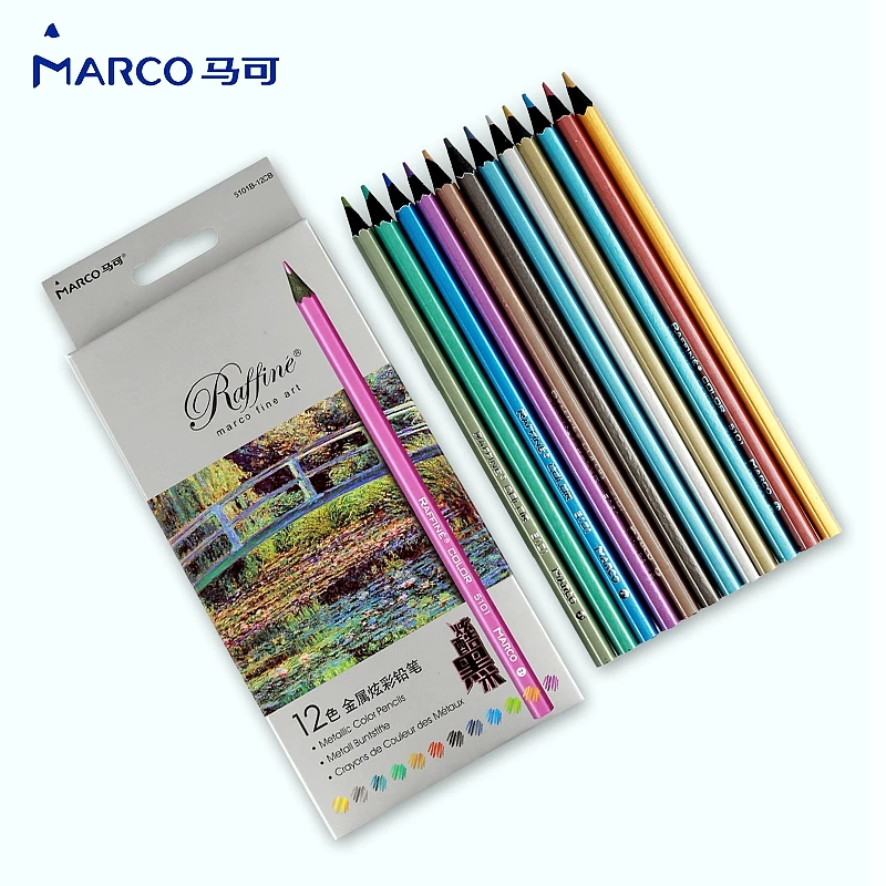 Marco 12 Colors Metallic Colored Pencil Drawing Colored Pencils Artist Sketch Pencils Set School Art Supplies Stationery