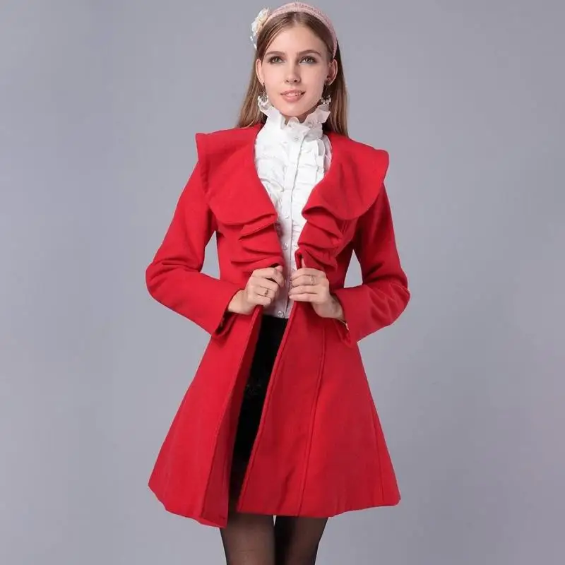 Зимнее шерстяное пальто с оборками на воротнике 2018 женское облегающее тонкое