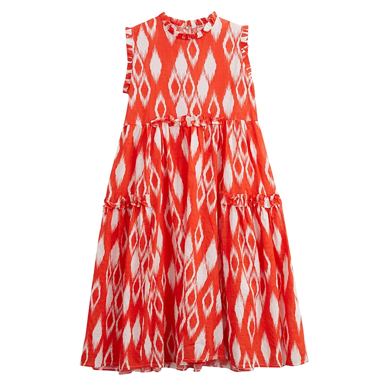 

COIGARSAM Print Women dress New Summer Sleeveless Loose Dresses Orange Black Squares 9813
