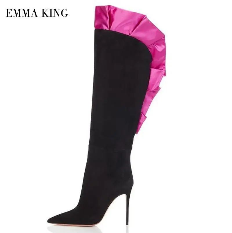 Женские замшевые сапоги до колена с оборками на шпильке | Обувь