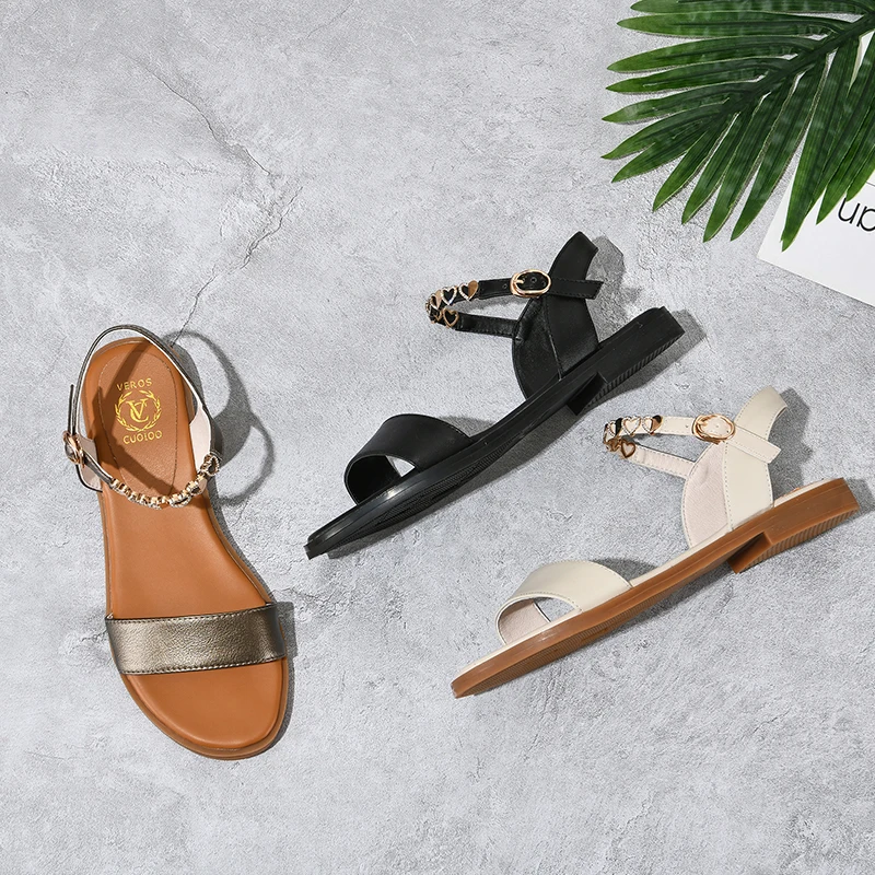 

QZYERAI Summer Style Women Fashion Leather Sandals Metal Shoelaces Women Shoes Real Cowhide Sandals Wear-resisting Soles