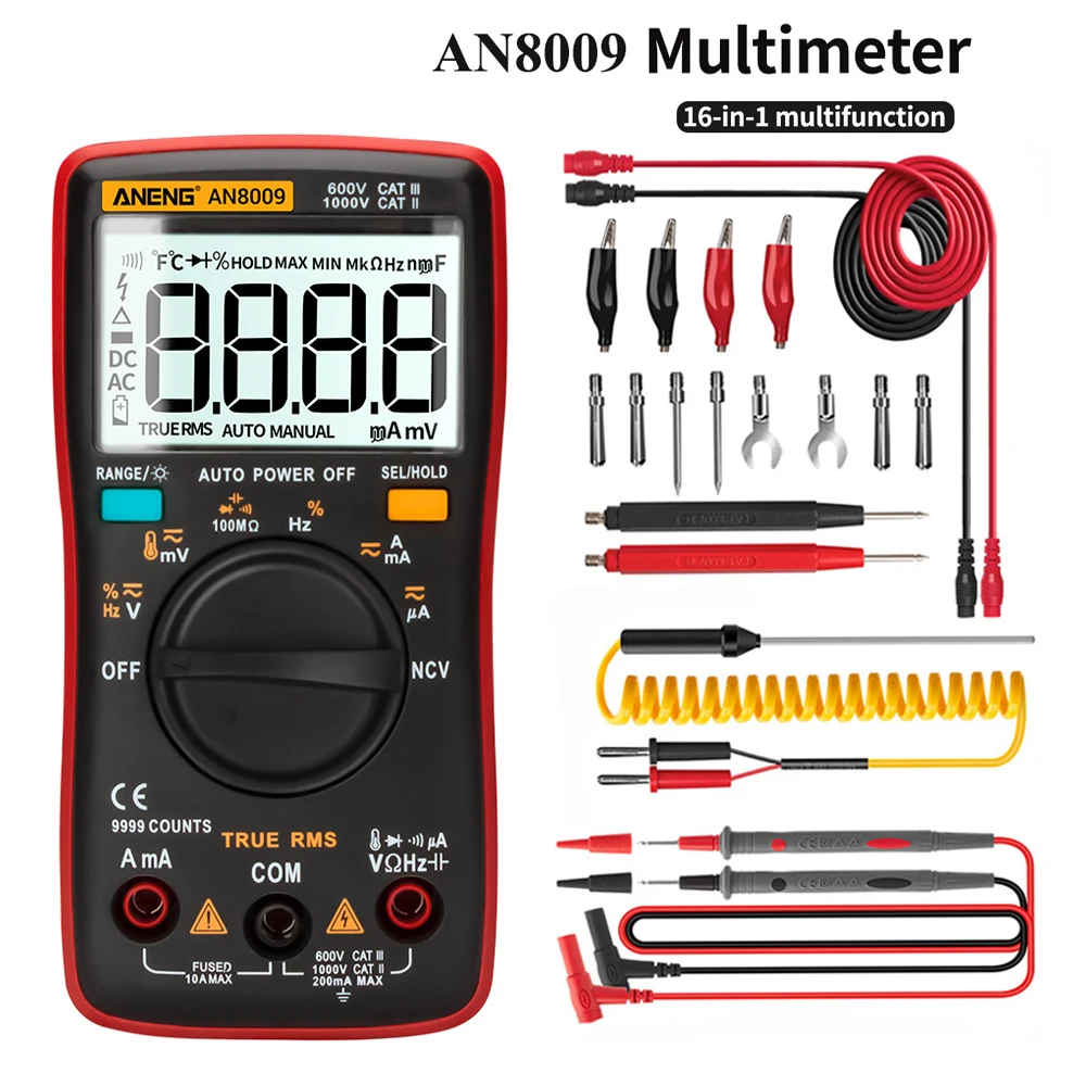 AN8008 Multimeter Digital 9999 counts With Backlight AC/DC Ammeter Voltmeter Ohm Transistor Tester multi meter Auto Range