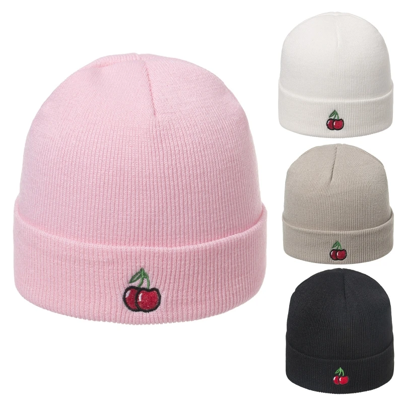 

Милая шапочка с изображением вишни для мужчин и женщин, однотонная акриловая вязаная эластичная шапка с манжетами и черепом, зимняя утеплен...