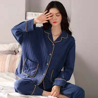 autumn winter pajamas for women cotton long sleeved cardigan lapel stripes korean loose home suit sleepwear cotton pijama