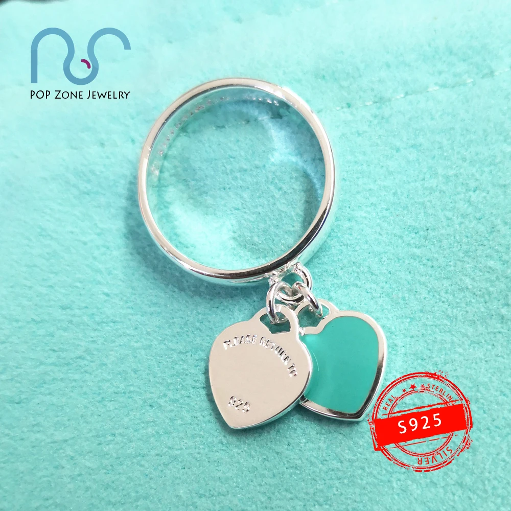 

S925 Sterling Silver Rings Classic Style Cyan Double Heart Shaped Silver Rings Jewelry Couple Holiday Anniversary Gift