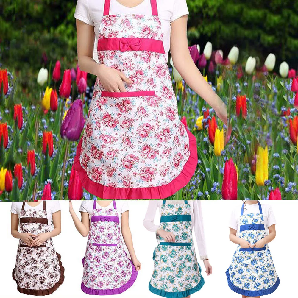 

Kitchen Apron Bowknot Flower Pattern Woman Adult Bibs Home Cooking Baking Coffee Shop Cleaning Aprons Kitchen Accessories