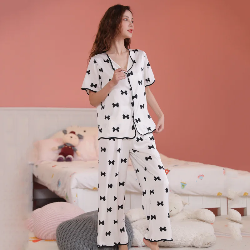 

Summer Rayon Pajamas Women Nightwear With Buttons Short Sleeve Shirt&Pants Comfy Sleepwear Two Pieces Suit Intimate Lingerie