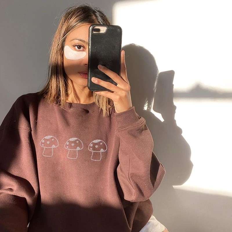 

Mushroom Rhinestone Print Brown Oversized Hoodie Women Casual Basic Long Sleeve Pullovers y2k Hooded Sweatshirts Autumn Iamhotty