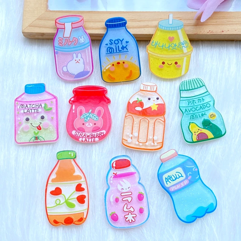 

10Pcs New Cute Acrylic Beverage Bottle Series Flat Back Cabochon Scrapbooking Hair Bow Center Embellishments DIY Accessories