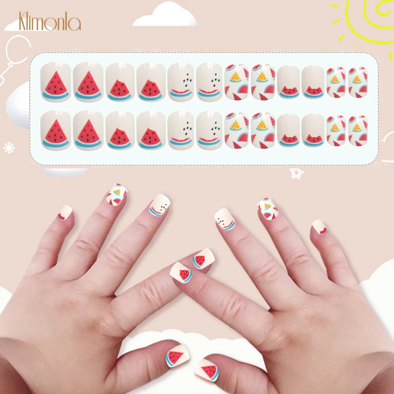 

1 Pack 24pcs Cute Full Cover Kids False Nail Pink Watermelon Pattern Fake Nail Artificial Tips Cartoon Design for Children Kids