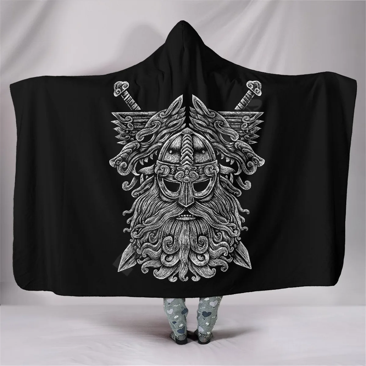 

Viking Hooded Blanket Norse God Odin Wolfs Swords Blanket Adult colorful child Sherpa Fleece Wearable Blanket Microfiber Bedding