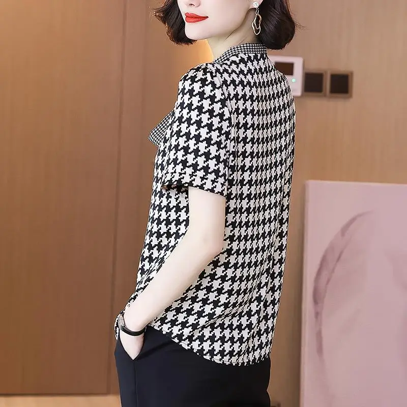 

Lace-up houndstooth loose chiffon shirt top women summer short sleeve T-shirt fashion small shirt women high-grade foreign style