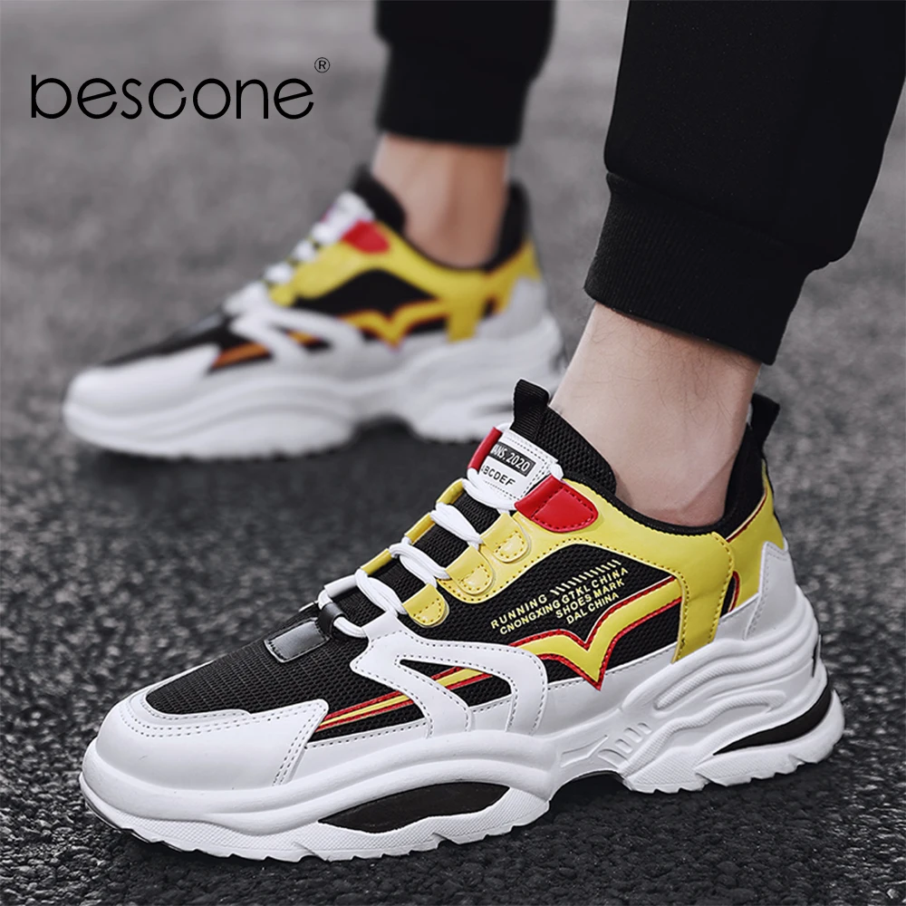 BESCONE/модные мужские кроссовки с дышащей сеткой спортивная обувь на толстой