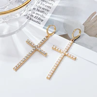 korean style asymmetric cross pearl crystal drop earrings for women punk circle buckle dangle earrings wedding jewelry best gift