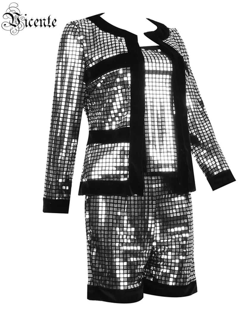 Женский клетчатый костюм из трех предметов вечерние Серебристые топы и шорты с