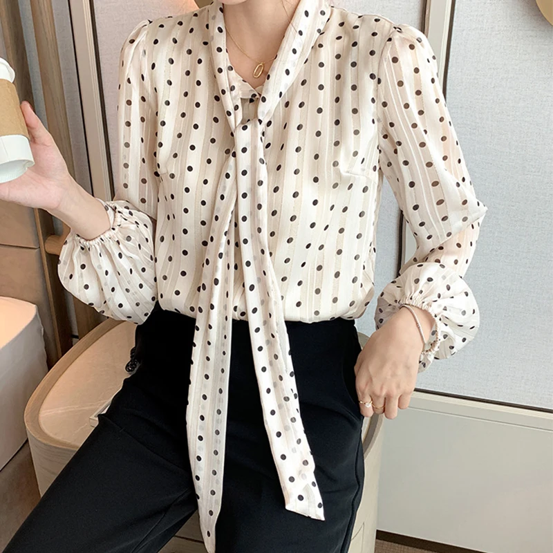 

Женская шифоновая рубашка в горошек, элегантная тонкая блуза в Корейском стиле с рукавами-фонариками и бантом, весна 2019