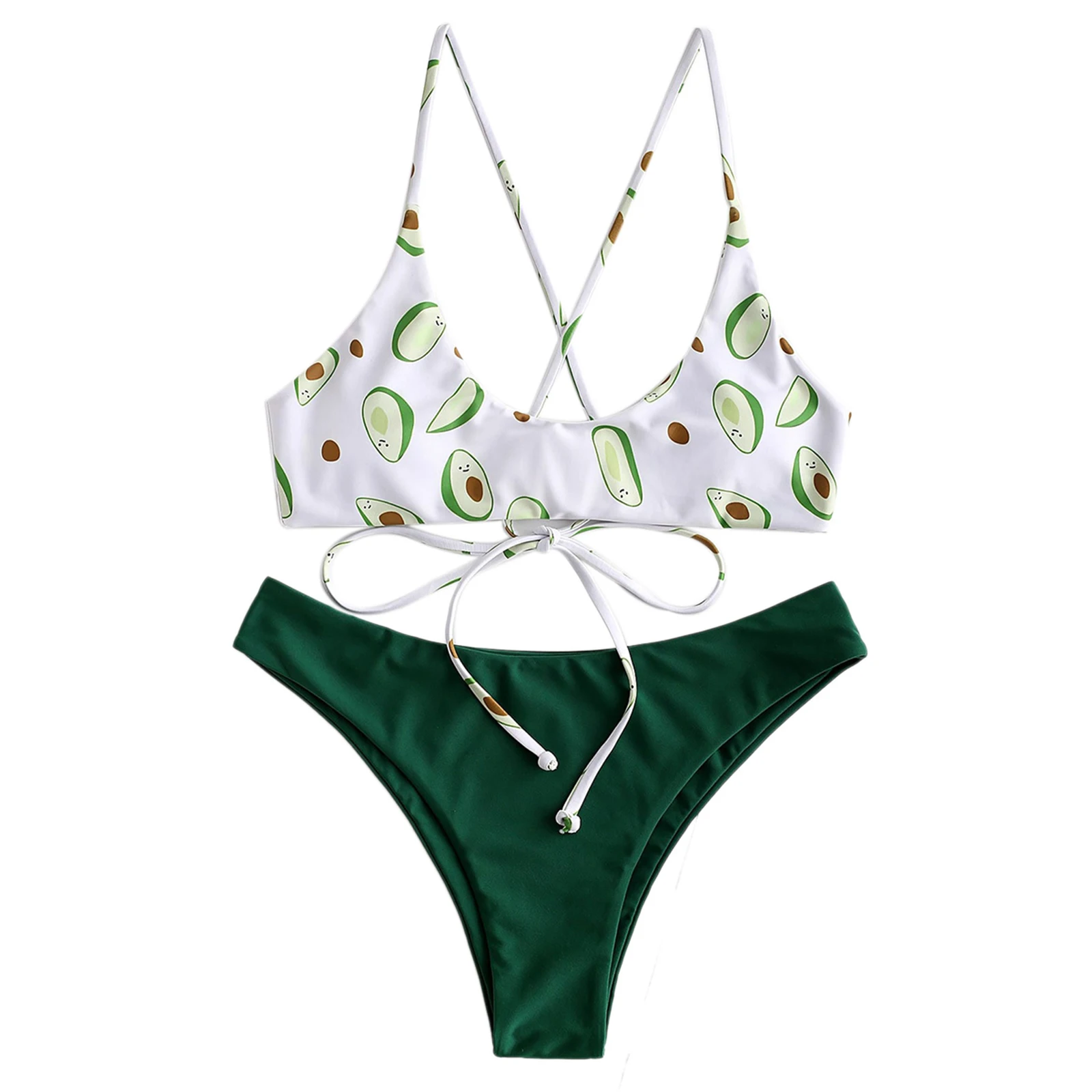 

Summer Ladies Split Swimwear Set, Adults Women Leisure Style Creative Avocado Printing Lace Up Sexy Backless Bikini Swimsuit