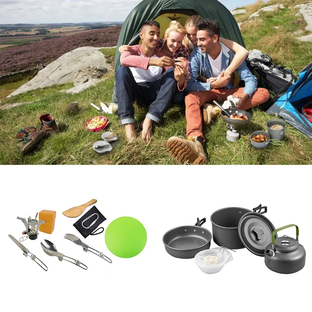 

Outdoor Camping Cooking Set Kettle 2-3 People Cookware Kit For Travel Hiking Outdoor Tourism Tableware Pot Frying Pan Picnic