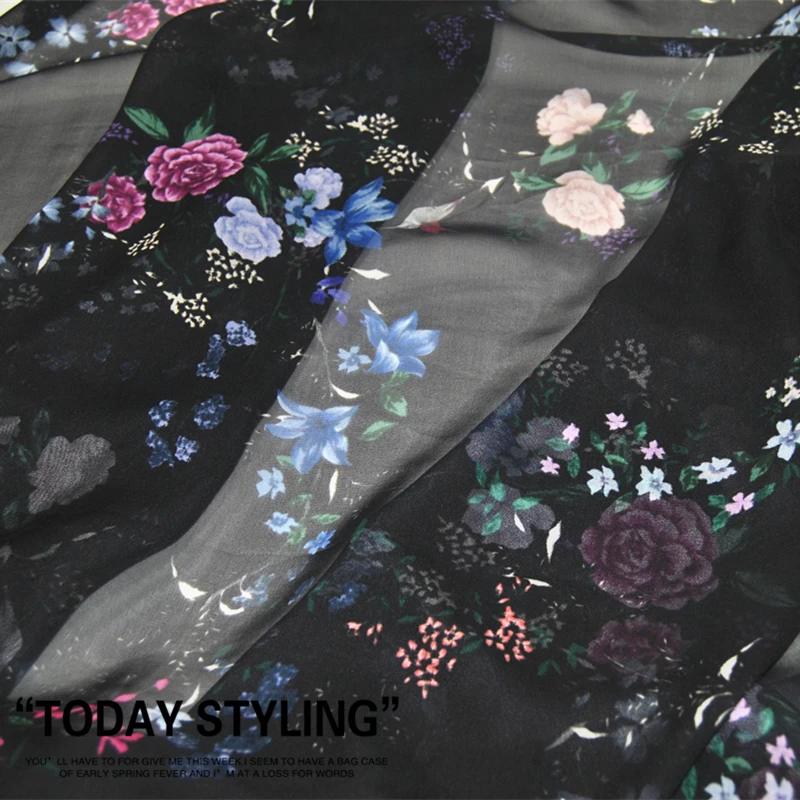 Silk Georgette Chiffon Fabric Dress Large and Wide Black Bird Flower   Skirt Shirt Clothing  DIY Patchwork Tissue