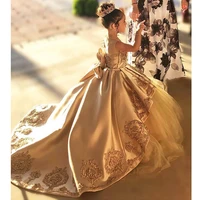 childrens communion dresses golded ball gown lace applique beaded bow long tail pageant dress satin tulle flower girl dresses