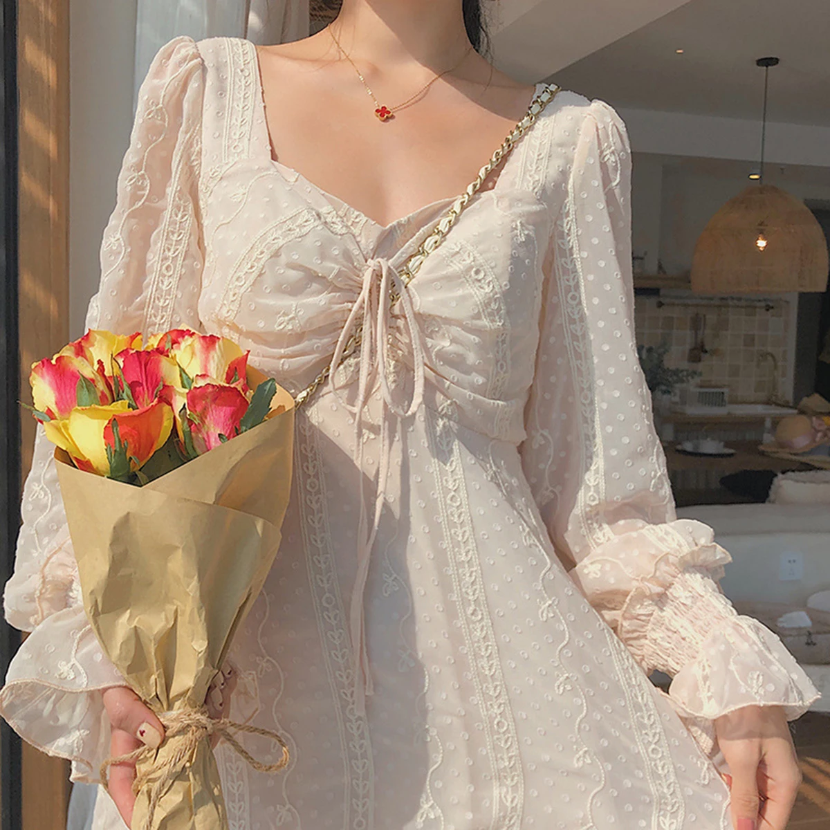 

5 Size Autumn Women's Clothing French Vintage Elegant Fairy Dresses Square Neck Bow Lace-Up Puff Sleeve Embroidered Midi Dress
